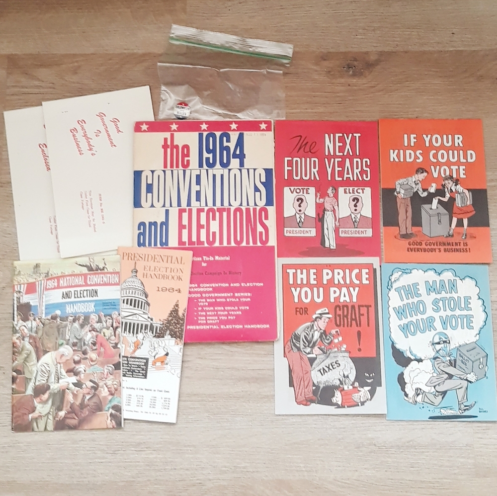 The 1964 Conventions and Elections  Folder 6 Pamphlets + Goldwater Miller Pin.